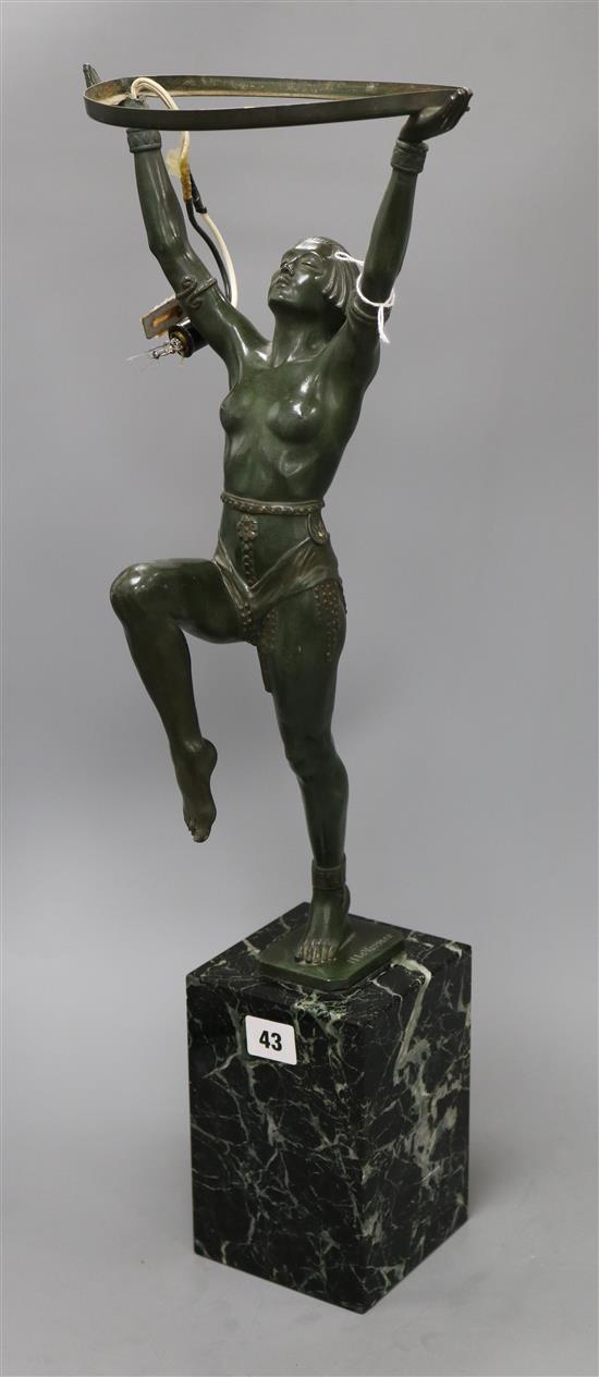 Max Le Verrier. An Art Deco spelter figural dancer lamp shade lacking